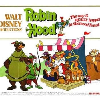 An illustration featuring characters from Disney's animated 'Robin Hood,' including a bear dressed as Robin Hood, a rooster playing a lute, and various other animals in a festive setting, celebrating with treasures and colorful decorations.