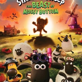 A colorful cartoon promotional poster for 'Shaun the Sheep: The Beast of Mossy Bottom,' featuring Shaun and other sheep with whimsical expressions, alongside a mysterious furry creature in the background, a house, and a windmill under a dramatic sky.
