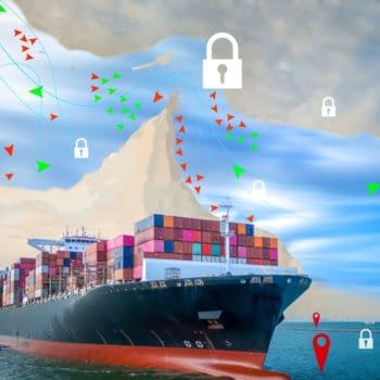 A large container ship with colorful cargo is depicted in a maritime scene, featuring graphics of locks and arrows indicating blocked shipping routes. The background suggests a geopolitical crisis affecting global trade.