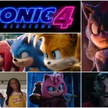A collage featuring characters from 'Sonic The Hedgehog 4', including Sonic, Tails, Knuckles, and Amy, as well as a logo displaying the title in bright colors. The characters exhibit various expressions and poses, hinting at an animated adventure.