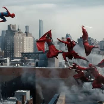 Spider-Man leaps through the air over city rooftops, with multiple figures in red cloaks appearing to assist him. The city skyline is visible in the background.