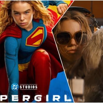 The split image features Supergirl in a blue and red costume with her iconic emblem, set against a colorful background, alongside a scene of a girl wearing sunglasses and a dog, highlighting a blend of superhero and everyday themes.