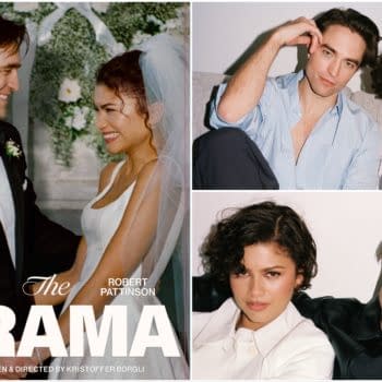 A promotional collage for 'The Drama' featuring Zendaya and Robert Pattinson. The image includes a wedding scene with Zendaya in a bridal gown, a playful portrait of the two actors together, and a close-up of Zendaya looking confidently at the camera.