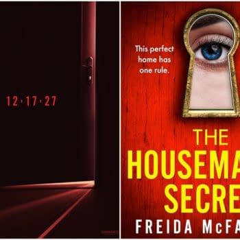 A promotional illustration for 'The Housemaid's Secret' features an ominous door slightly ajar, with a date '12.17.27' in bold red at the bottom. The right side of the image showcases the book cover displaying a keyhole with a blue eye peering through, set against a bright red background.