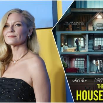 Kirsten Dunst poses for a portrait in a glamorous black dress, while the promotional image for 'The Housemaid' showcases a stylized dollhouse scene with characters inside, highlighting the theme of secrets behind closed doors.