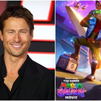 Glen Powell is smiling in a black jacket on the left, while the right features Fox McCloud, an animated fox character in a colorful space setting, showcasing the logo for 'The Super Mario Galaxy Movie' below.