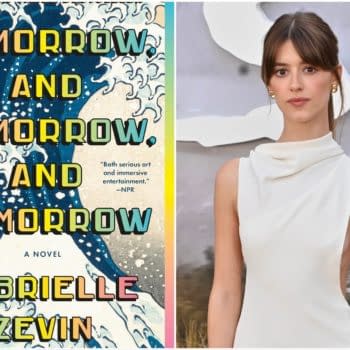The image features the book cover of 'Tomorrow and Tomorrow and Tomorrow' by Gabrielle Zevin alongside a photograph of actress Daisy Edgar-Jones, who is wearing a stylish, sleeveless white dress. The book cover showcases bold, colorful text against a vibrant background that resembles waves.