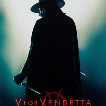 A promotional poster for 'V for Vendetta' featuring a figure in a dark cloak and hat, holding a knife, with the text emphasizing the power of the people over the government. The design includes anarchy symbols and highlights the film's connection to 'The Matrix' trilogy.