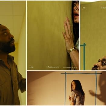 Promotional collage for the horror thriller Backrooms, showing people trapped in yellow, maze-like office spaces with anxious expressions.