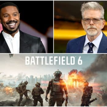 Michael B. Jordan and Chris McKay appear above a Battlefield 6 promo image showing soldiers overlooking a city under attack.