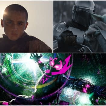 A collage featuring three scenes: a young man with a stern expression against a bright background, the Mandalorian character holding Baby Yoda in a snowy landscape, and a vibrant, stylized animated character in an action pose surrounded by colorful effects. This image represents themes from 'Dune' and 'Spider-Verse'.
