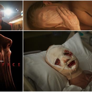 A collage featuring a character associated with Clayface, showcasing scenes of transformation and horror, including a person with a disfigured face in a hospital bed, another person touching their mask-like skin, and a dramatic close-up of a face with elongated features. The collage also includes a logo for 'Clayface' prominently displayed.