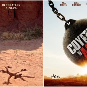 A promotional poster for the movie "Coyote vs. Acme," featuring a cartoon coyote running under a large, suspended Acme product with the title prominently displayed. The background shows a desert landscape, emphasizing the film's playful theme.