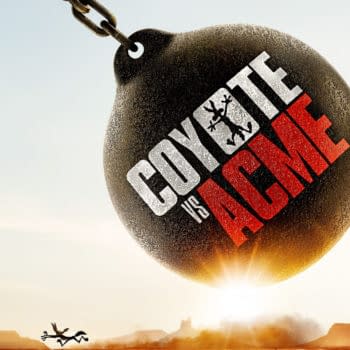 A cartoonish movie poster for 'Coyote vs ACME,' featuring a large, metallic wrecking ball hanging above a cartoon coyote running across a desert landscape. The title is prominently displayed in large letters, with a dramatic sky and mountains in the background, and the tagline 'Coming Soon' at the bottom.