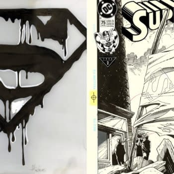 An artistic representation of the Superman logo dripping in black paint, alongside a comic book cover featuring Superman in a dramatic scene with destroyed buildings and a somber atmosphere. The title 'Superman' is prominently displayed at the top.