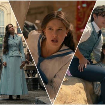 Three-panel Enola Holmes 3 feature image showing Enola in period costume, a close-up of her in a sailor-style outfit, and a smiling couple seated outdoors.