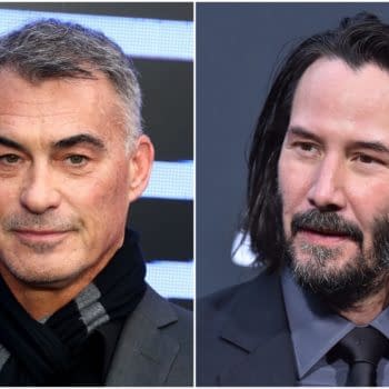 Chad Stahelski and Keanu Reeves in side-by-side close-up portraits promoting John Wick: Chapter 5.