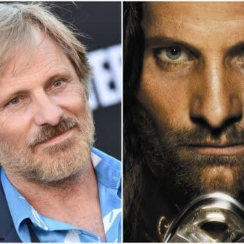 Split image featuring Viggo Mortensen, who is smiling in a casual setting on the left, and his portrayal of Aragorn in a dramatic close-up on the right, showcasing the character's intense gaze and beard.
