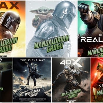 A colorful collage of promotional posters for 'The Mandalorian and Grogu,' featuring the iconic characters in various theatrical formats like IMAX, Dolby, and Real D 3D. Each poster highlights the adventure theme and includes the film's title prominently.
