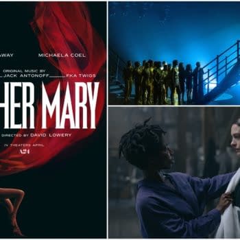 A promotional poster for the film 'Mother Mary' featuring the title in bold, white letters against a dramatic red and black background. It includes images of Anne Hathaway and Michaela Coel, along with scenes from the movie showing a visually striking performance setting.