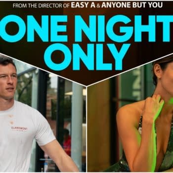 Promotional poster for “One Night Only” featuring a man in a white T-shirt and a woman in a sequined dress, split by bold turquoise title text.