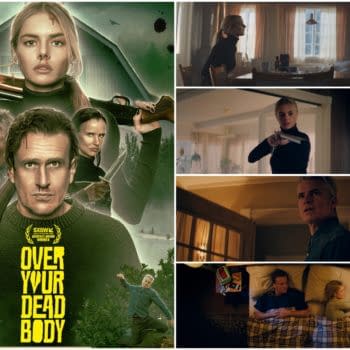 A film poster for 'Over Your Dead Body' featuring four intense characters, including a woman with a rifle and a man at the center looking serious. The background shows a moody forest and farmhouse setting, hinting at suspense and drama within the film.