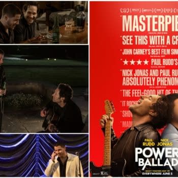 Promotional collage for the film Power Ballad, featuring Paul Rudd and Nick Jonas in musical scenes and a red movie poster.