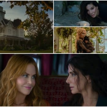 A collage from 'Practical Magic 2' featuring a majestic Victorian house, scenes with actresses Nicole Kidman and Sandra Bullock, including one where Nicole holds a cat in a greenhouse. The collage showcases moments of magic and connection between the characters.