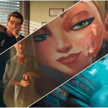 An illustration from the animated feature 'Ray Gunn' showcasing four characters in different vignettes: a thoughtful young man, a surprised older character, a striking woman with bold green eyes, and a futuristic cityscape featuring an illuminated figure.
