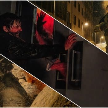 Collage of tense Resident Evil scenes showing characters fighting zombies in dark, snowy streets and a red-lit doorway.
