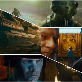 An illustration featuring scenes from 'Rogue Trooper,' including a futuristic spaceship, a blue-skinned soldier, and characters in various emotional exchanges. The background shows a desolate landscape, enhancing the sci-fi theme.