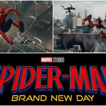 A collage featuring Spider-Man swinging through a cityscape and multiple versions of Spider-Man leaping across rooftops, with the Marvel Studios logo and title "SPIDER-MAN: BRAND NEW DAY" displayed prominently at the bottom.