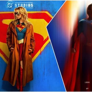 A promotional illustration featuring Supergirl in a red and blue costume with a brown trench coat, alongside Superman in a blue suit and red cape. The background includes the iconic Superman emblem and the phrase 'Truth. Justice. Whatever.' in a colorful design.