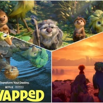 Illustration for the Netflix animated film 'Swapped', featuring adorable woodland creatures including birds and small mammals in a lush setting. The scene showcases themes of adventure and transformation against a vibrant sunset backdrop.