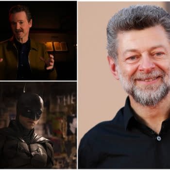 A collage featuring three images related to 'The Batman: Part II.' The top left shows an actor gesturing while speaking, the bottom left presents a character in a dark Batman costume, and the right displays Andy Serkis smiling with a beard, indicating his return as Alfred.