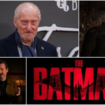 Collage featuring Charles Dance at a red carpet event, an image of Batman from the film, and a logo for 'The Batman' in bold red letters. The image highlights the announcement of Charles Dance joining the cast for 'The Batman: Part II'.