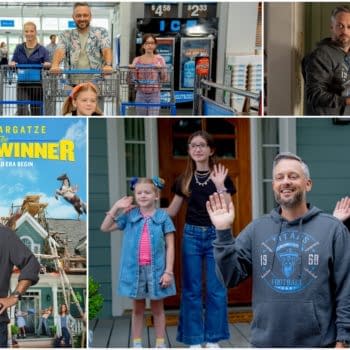 A promotional image for 'The Breadwinner' featuring comedian Nate Bargatze with two young girls and a teenager, all smiling and waving outside a house. The image includes elements of family life and humor.