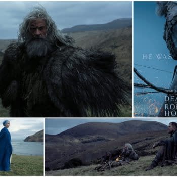 Promotional collage for The Death of Robin Hood showing a grim, bearded man in fur clothing on a rugged hillside, a blue-toned poster with archery details, and other medieval characters in a stark landscape.