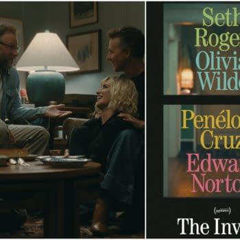 A movie poster for 'The Invite' featuring the names of cast members Seth Rogen, Olivia Wilde, Penélope Cruz, and Edward Norton, alongside a cozy living room scene where four people are engaged in conversation.