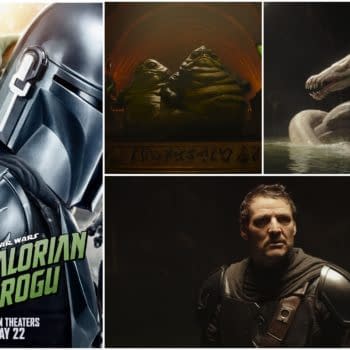 Promotional collage for Star Wars: The Mandalorian and Grogu, showing Grogu, Jabba-like alien figures, a monster creature, and the Mandalorian in dramatic lighting.