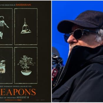 A movie poster for the film "Weapons," featuring four vignettes including a child, a flask, a can of chicken soup, and a bonsai tree, all on a dark background with the title prominently displayed in orange. Beside it, a close-up of a man with silver hair, wearing sunglasses and a dark jacket, stands against a blue background.