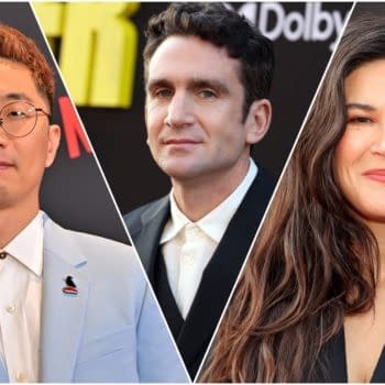 A collage featuring three individuals associated with the new X-Men movie: a man with styled hair and glasses wearing a light blue suit, a man with dark curly hair in a black suit, and a woman with long dark hair in a black outfit. The background includes colorful promotional graphics.