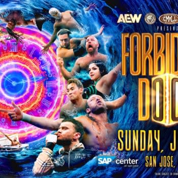 Promotional poster for AEW Forbidden Door 2026 featuring wrestlers from AEW, NJPW, Stardom, and CMLL swirling around a glowing clock design. The event is set for Sunday, June 28 in San Jose, California.