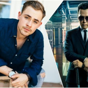 Split-screen feature image of Dacre Montgomery: a casual portrait on the left and a suited, sunglasses-wearing action character on the right.