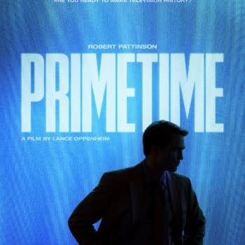 Movie teaser poster for Primetime, featuring a silhouetted man in a suit against a blue TV screen with the title and Robert Pattinson’s name.