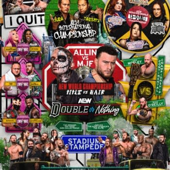 Promotional poster for AEW Double or Nothing featuring multiple wrestling matchups, including title matches, a hair vs. title bout, and Stadium Stampede. Wrestlers are arranged around bold event graphics and championship belts.