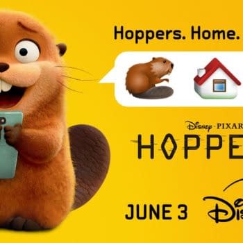 Pixar Hoppers promo art showing a smiling beaver holding a phone on a bright yellow background, with the title, Disney+ logo, and June 3 release date.