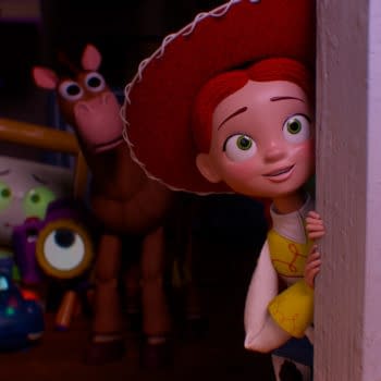 Jessie peeks around a doorway while Bullseye and several new toy characters watch from the dark in Disney and Pixar’s Toy Story 5.