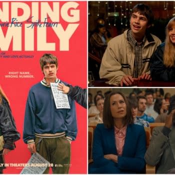 Promotional collage for the film Finding Emily featuring the title card and scenes of young characters in a bar and adults in an auditorium.