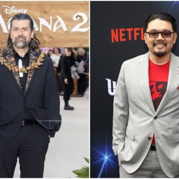 Side-by-side publicity photos of two filmmakers at premiere events, one in front of a Moana 2 backdrop and one in front of a Netflix Ultraman: Rising backdrop.